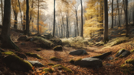 Autumn forest in a foggy day. Panoramic image (AI Generated)の素材