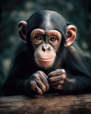 Chimpanzee monkey sitting on a log looking at the camera (AI Generated)の素材