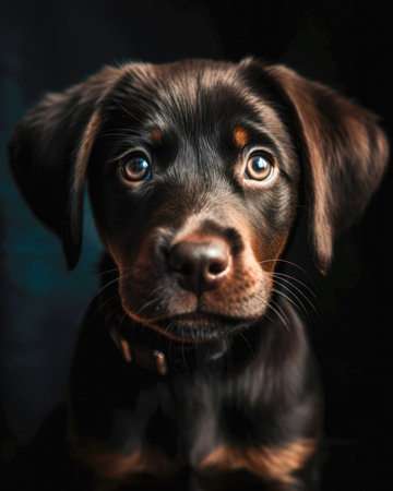 Portrait of a beautiful black dog with blue eyes on a black background (AI Generated)の素材