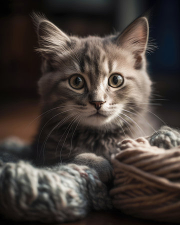 Cute tabby kitten sitting in a ball of yarn. Selective focus. (AI Generated)の素材