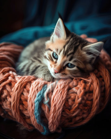 Cute tabby kitten lying on a warm knitted scarf. (AI Generated)の素材