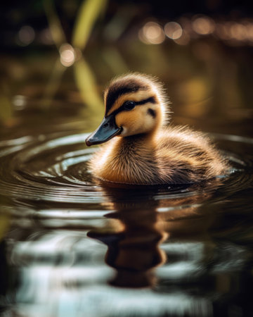 Cute little duckling swimming in the lake with reflection on water (AI Generated)の素材