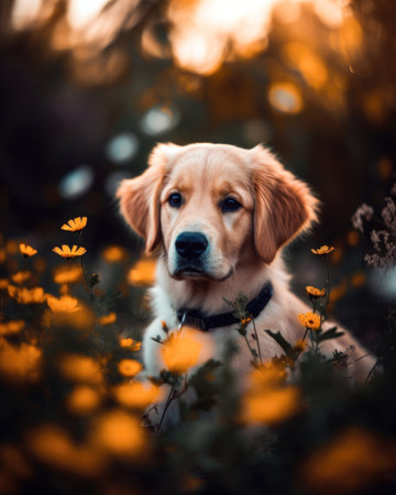 Cute golden retriever puppy sitting in the field of flowers. (AI Generated)の素材