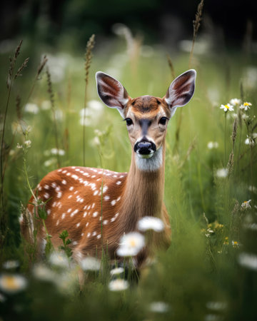 Young whitetail doe in a meadow with daisies (AI Generated)の素材