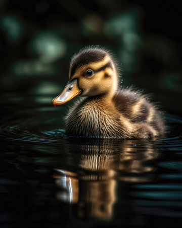Little duckling swimming in the water with reflection in the water. (AI Generated)の素材