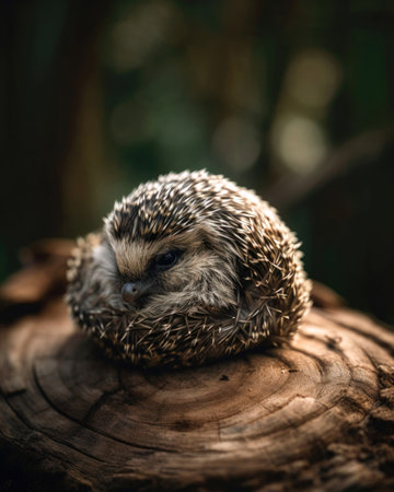 hedgehog on a wooden stump (Scientific name: Erinaceus Europaeus) (AI Generated)の素材