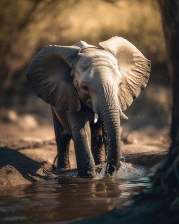 African Elephant - Loxodonta africana - drinking at a waterhole (AI Generated)の素材