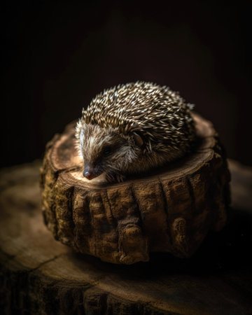 hedgehog on a wooden stump in the dark. Selective focus (AI Generated)の素材