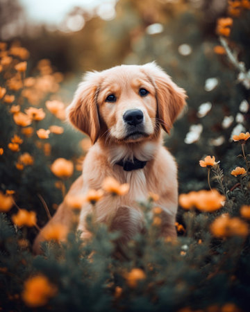 Cute Golden Retriever puppy sitting in a field of flowers (AI Generated)の素材