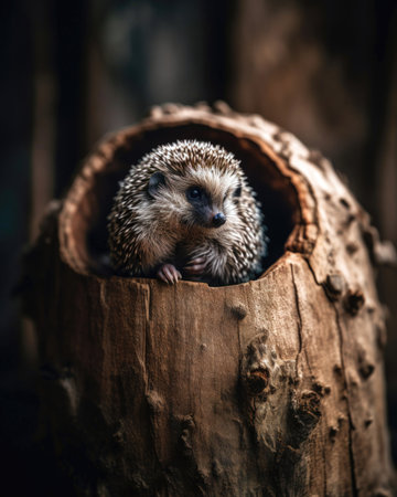 Hedgehog in a hollow on a tree. Wild animal. (AI Generated)の素材