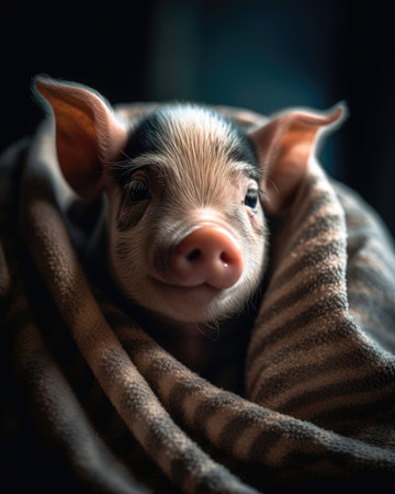 Cute little piglet hiding under a blanket on a dark background (AI Generated)の素材