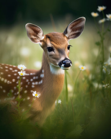 Young whitetail deer fawn in a field of daisies (AI Generated)の素材