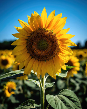 Sunflower field with blue sky and sunflowers in the background (AI Generated)の素材