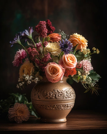 Bouquet of dried flowers in clay vase on wooden table (AI Generated)の素材