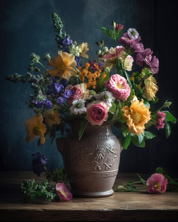 Bouquet of flowers in a clay vase on a wooden table (AI Generated)の素材