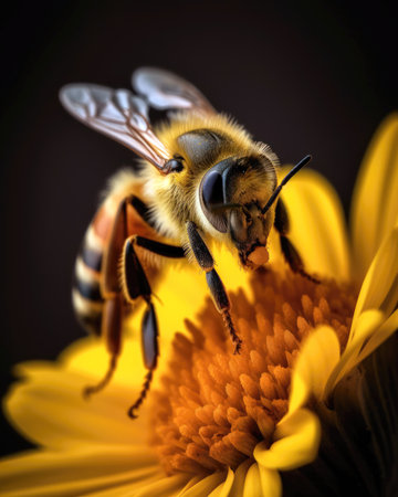 Bee on a yellow flower. Macro shot. Selective focus. (AI Generated)の素材