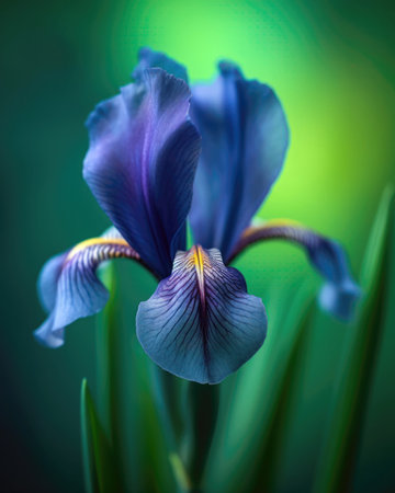 Blue iris flower close-up on a dark green background. (AI Generated)の素材