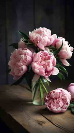 Bouquet of pink peonies in vase on wooden background (AI Generated)の素材
