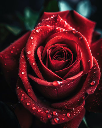 Red rose with water drops on petals. Shallow depth of field. (AI Generated)の素材