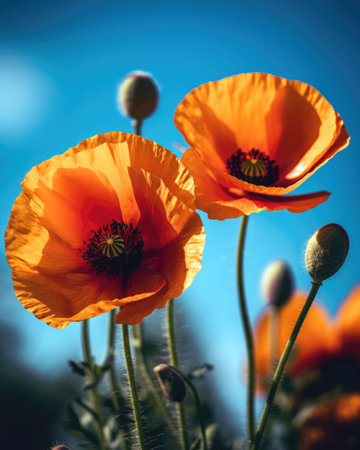 poppy flowers on blue sky background, soft focus, shallow DOF (AI Generated)の素材