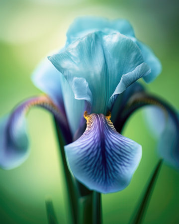 Blue iris flower on green background. Close up. Shallow depth of field. (AI Generated)の素材