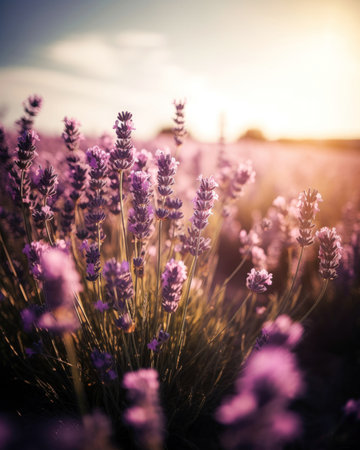 Lavender flowers in the field at sunset. Toned. (AI Generated)の素材