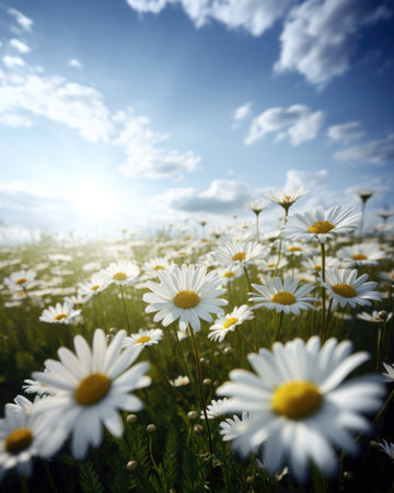 Field of daisies under the blue sky with white clouds. (AI Generated)の素材