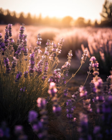 Beautiful lavender flowers at sunset in Provence, France (AI Generated)の素材