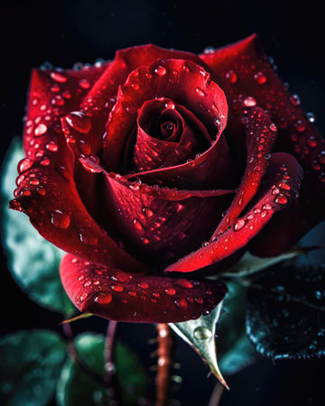 Beautiful red rose with water drops on black background, closeup (AI Generated)の素材