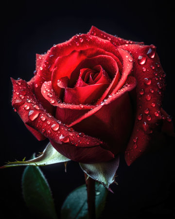 Beautiful red rose with water drops on black background, close up (AI Generated)の素材