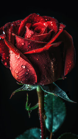 Beautiful red rose with water drops on a black background, close up (AI Generated)の素材
