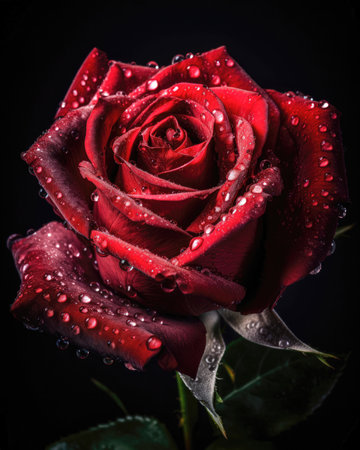 Red rose with water drops on black background. Shallow DOF (AI Generated)の素材