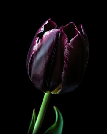 Beautiful purple tulip isolated on black background. Studio shot. (AI Generated)の素材