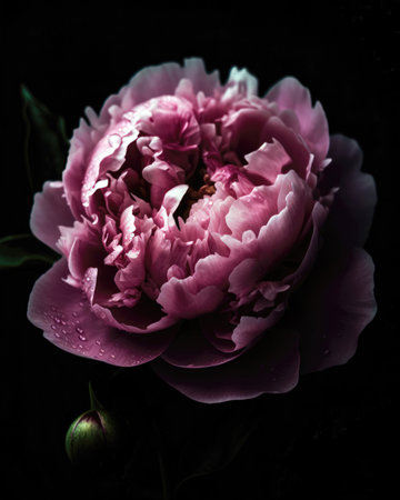 Beautiful pink peony flower on dark background. Shallow depth of field (AI Generated)の素材