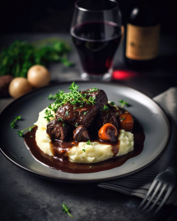 Beef Bourguignon with Mashed Potatoes and Red Wine (AI Generated)の素材