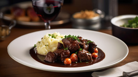 Beef Bourguignon with mashed potatoes and cranberry sauce (AI Generated)の素材