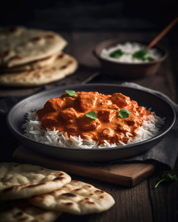 Chicken tikka masala served with basmati rice and naan bread (AI Generated)の素材