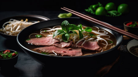 Asian style noodle soup with beef and vegetables on black background. (AI Generated)の素材
