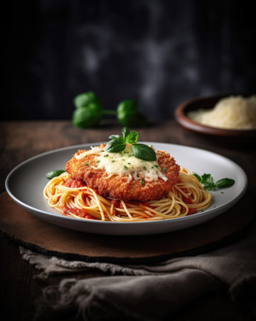 Spaghetti with tomato sauce and parmesan cheese, selective focus (AI Generated)の素材