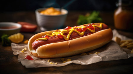 Hot dog with mustard and ketchup on a wooden background. Selective focus. (AI Generated)の素材