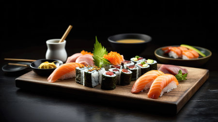 Sushi set on a black background. Sushi rolls with salmon, tuna, shrimp, avocado, cucumber, wasabi and ginger. (AI Generated)の素材