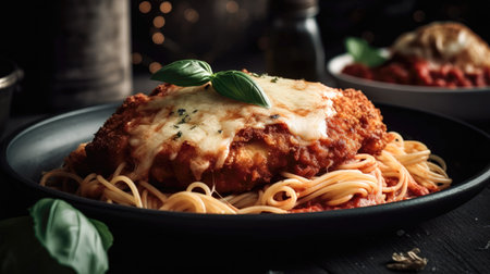 Spaghetti Bolognese with mozzarella cheese and basil (AI Generated)の素材