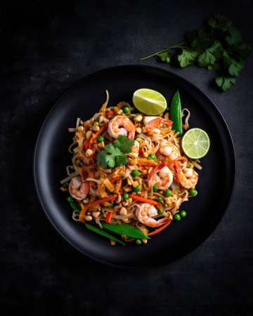 Stir fry noodles with shrimps and vegetables on black background (AI Generated)の素材