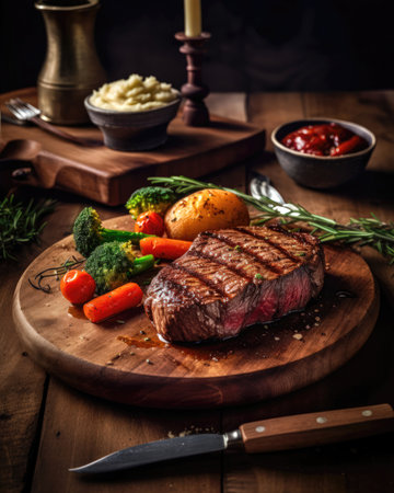 Grilled beef steak with vegetables on a wooden board. Selective focus. (AI Generated)の素材
