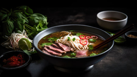Vietnamese Pho soup with beef and noodles on dark background (AI Generated)の素材