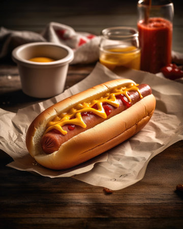 Hot dog with mustard, ketchup and mayonnaise on wooden background (AI Generated)の素材