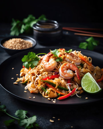 Stir fry noodles with shrimps, vegetables and sesame seeds on black plate (AI Generated)の素材