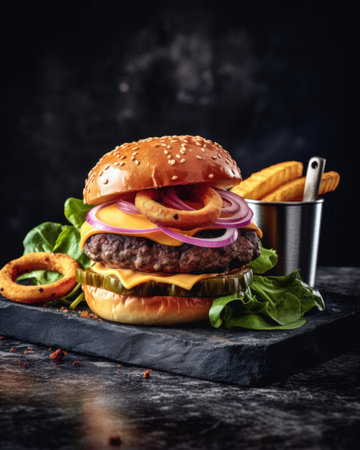 Cheese burger - American cheese burger with fresh salad on dark background (AI Generated)の素材