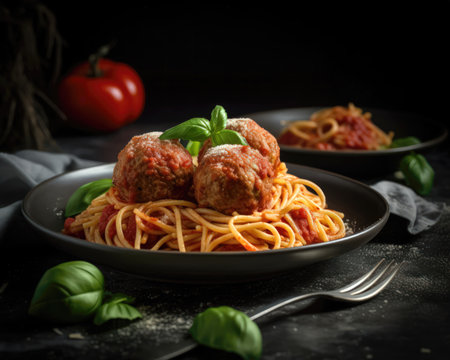 Spaghetti pasta with meatballs in tomato sauce on a black background (AI Generated)の素材