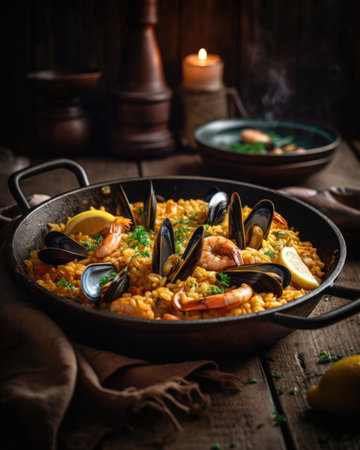 Seafood paella in a frying pan on a wooden background (AI Generated)の素材